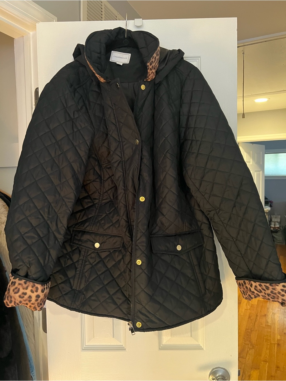Charter Club Black Quilted Hooded Puffer with Leopard-Print Trim